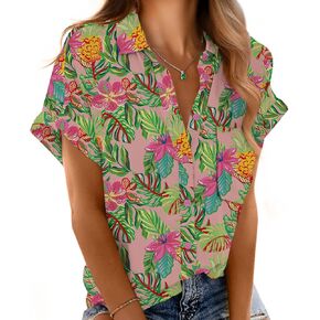 Short Sleeve Shirts for Women V Neck Loose Collared Button Down Shirt Casual Summer Tops with Pockets Beach Blouse