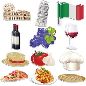 Epakh 24 Pcs Italian Cutout Decorations Italy International Global Party Supplies Set Italy Paper Cutout Flag Landmark Buildings Red White Green Cardboard for Italian Theme Party Supplies (Food)