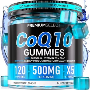 CoQ10 Gummies for Adults 500mg Sugar Free - 120 Cq10 Gummies High Absorption Supplement with Omega-3, Vitamin B3, and Zinc Supports Heart Health, Cellular Energy Antioxidant Protection Gummy Chews