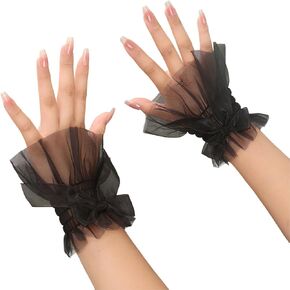 Lace Wrist Cuff Gloves Black Ruffled Wrist Cuffs Bow Hand Sleeve Sexy Lace Elastic Bracelet for Women Halloween Wedding Masquerade Party Cosplay Decoration