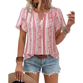 Timeson Womens Summer Tops Boho Short Sleeve Business Casual Blouses Button Down Floral Shirts Fashion Beach Vacation Clothes