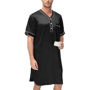 SWOMOG Mens Silk Satin Nightshirt Short Sleeve Loose Henley Sleep Shirt Comfy Nightgown Big & Tall Men Sleepwear