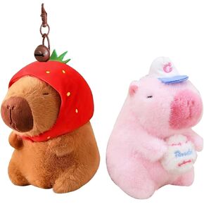 2PCS Capybara Plush Keychain Cute Capybara with Strawberry Pink Capybara Soft Plush Keychain Gift