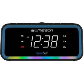 Emerson CKS1401 Smartset AM/FM Dual Alarm Clock Radio with 0.9" White LED Display with 4-Level Dimmer Control, USB-C Charging, and 2-Level Multi-Color LED Decor
