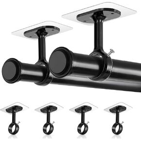 No Drill Double Curtain Rod Brackets, Adhesive Ceiling Holders 4 Pack, Window Rod Support 0.8 to 1.25 Inches for Apartment, Kitchen, Balcony