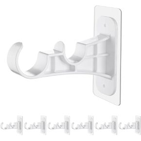 6-Pack Double Curtain Rod Bracket, Adhesive No Drill Curtain Rod Holder, Double Brackets No Screw Nail Free Curtain Hangers Hooks for Living Room, Bathroom, Kitchen - White