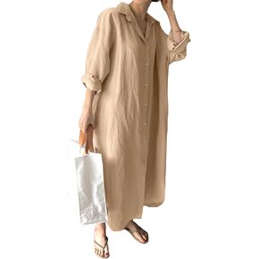 GGUHHU Womens Chic Button Down Rolled-Up Sleeve Long Cotton Blouse Maxi Dress in Kuwait