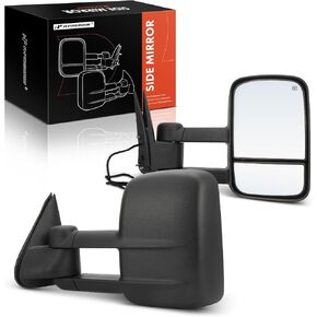 A-Premium Towing Mirrors Compatible with Chevrolet Silverado, Tahoe, Suburban & GMC Sierra, Yukon, Yukon XL & Cadillac Escalade - Manual Folding Heated Telescoping Black - with Power Glass - Pair Set