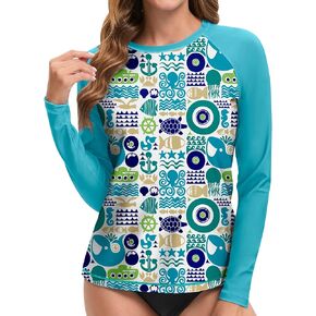 Swim Rash Guard Shirts for Women UPF 50+ UV Protection Long Sleeve Round Neck Swimsuit Top for Outdoor Sports