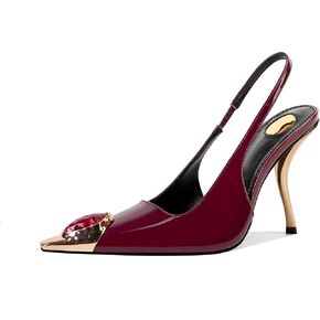 Women's Slingback Stiletto High Heels Crystal Metallic Closed Pointed Toe Pumps Patent Leather Slip on Elastic Strap Heeled Sandals Fashion Party Dress Shoes for Women