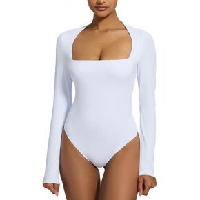 Women's Square Neck Long Sleeve Bodysuit Sexy Thong Double-Lined Tops