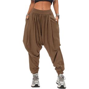 Verdusa Women's Hippie Baggy Harem Pants Elastic Waist Drop Crotch Trousers with Pockets