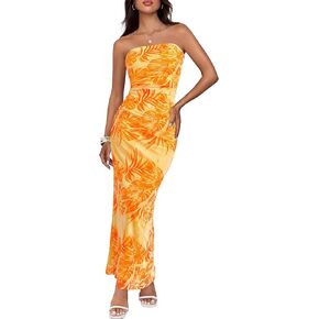 BTFBM Women's Floral Maxi Dresses Summer 2025 Strapless Tube Bodycon Mesh Layered Cocktail Party Wedding Guest Dress