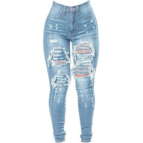 JEKE-DG Women's High Waist Plus Size Destroyed Jeans Slim Skinny Ripped Trousers Stretch Denim Pants