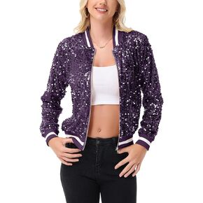 Anna-Kaci Women's Sparkly Sequin Jacket Long Sleeve Zipper Glitter Bomber Jacket Coat with Ribbed Stripe Cuff
