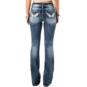 Flamingals Mid Waist Boot Cut Jeans for Women Straight Leg Trendy Embroidery Denim Pants