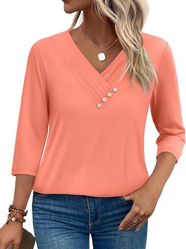 SAMPEEL V Neck Blouses for Women Dressy Casaul 3/4 Length Sleeve Womens Tops Button Down Shirts in Saudi Arabia