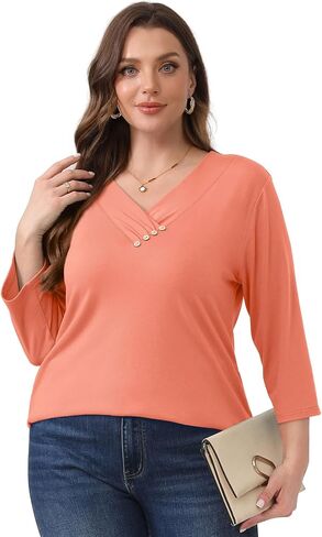 SAMPEEL V Neck Blouses for Women Dressy Casaul 3/4 Length Sleeve Womens Tops Button Down Shirts in Saudi Arabia