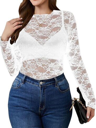 Shenhe Women's Plus Size Lace Lace Mesh Long Sleeve See من خلال مهرجان بلوزة Sexy Blouse Sexy Sexy Sexy in Kuwait