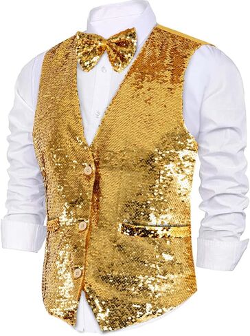 Dress Up America Sequin Vest with Bowtie - Sparkly Vest for Men - Costume Party Vest for Adults - Men Sequin Vest (Silver) in Saudi Arabia