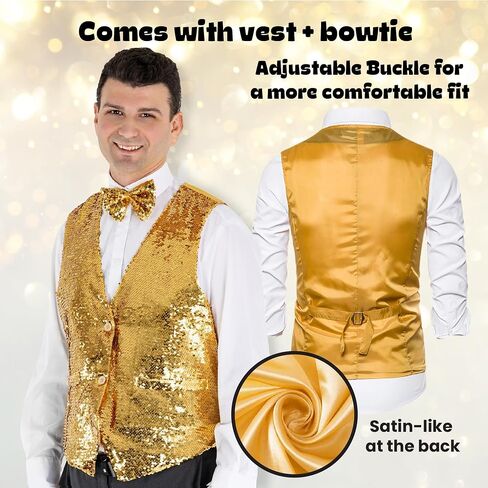 Dress Up America Sequin Vest with Bowtie - Sparkly Vest for Men - Costume Party Vest for Adults - Men Sequin Vest (Silver) in Saudi Arabia