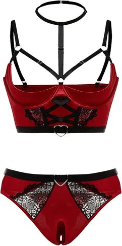 SOLY HUX Women's Plus Size Lingerie Sexy Gothic Lace Sheer Crotchless Panties and Bra Set in Saudi Arabia
