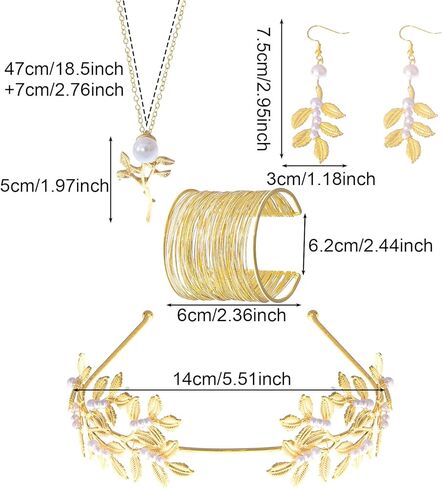 7 Pcs Greek Goddess Accessories for Women Golden Roman Laurel Leaf Crown Headband Upper Arm Cuff Bracelet Pearl Earrings Toga Costume Jewelry for Bridal Bridesmaid Wedding Party Halloween in Kuwait