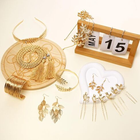 7 Pcs Greek Goddess Accessories for Women Golden Roman Laurel Leaf Crown Headband Upper Arm Cuff Bracelet Pearl Earrings Toga Costume Jewelry for Bridal Bridesmaid Wedding Party Halloween in Kuwait
