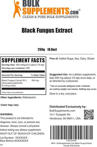 BulkSupplements.com مسحوق مستخلص الفطر الأسود - مكمل الفطر، مسحوق فطر الأذن الخشبية - خالي من الغلوتين، 500 مجم لكل وجبة، 1 كجم (2.2 رطل) (عبوة من قطعة واحدة) in Saudi Arabia