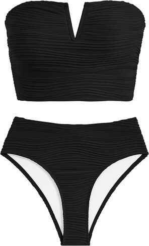ZAFUL Womens Bandeau Bikini Set Strapless Textured Two Piece Lace up Bathing Suits High Waisted V-Neck Swimsuits in Saudi Arabia