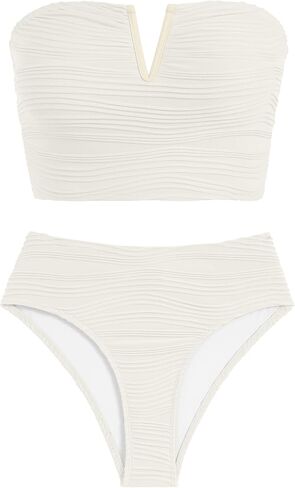 ZAFUL Womens Bandeau Bikini Set Strapless Textured Two Piece Lace up Bathing Suits High Waisted V-Neck Swimsuits in Saudi Arabia
