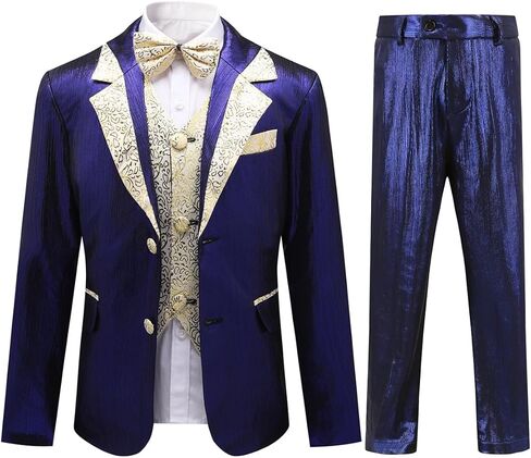SWOTGdoby Boys Tuxedo Suit 4 Pieces Slim Fit Suit Set Blazer Vest Pants Bowtie Jacket with Gold Rims for Wedding Party Prom in Saudi Arabia