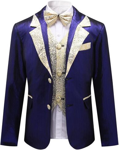 SWOTGdoby Boys Tuxedo Suit 4 Pieces Slim Fit Suit Set Blazer Vest Pants Bowtie Jacket with Gold Rims for Wedding Party Prom in Saudi Arabia
