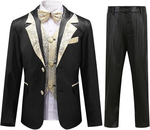 SWOTGdoby Boys Tuxedo Suit 4 Pieces Slim Fit Suit Set Blazer Vest Pants Bowtie Jacket with Gold Rims for Wedding Party Prom in Saudi Arabia