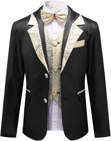 SWOTGdoby Boys Tuxedo Suit 4 Pieces Slim Fit Suit Set Blazer Vest Pants Bowtie Jacket with Gold Rims for Wedding Party Prom in Saudi Arabia