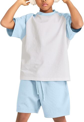 COZYPOIN Boys Girls 2 Piece Summer Outfits Colorblock Short Sleeve Cotton T-Shirts and Shorts Basic Kids Set 5-14 Years in Kuwait