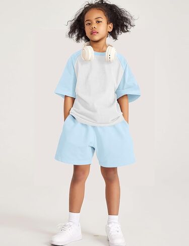 COZYPOIN Boys Girls 2 Piece Summer Outfits Colorblock Short Sleeve Cotton T-Shirts and Shorts Basic Kids Set 5-14 Years in Kuwait