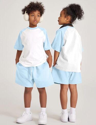 COZYPOIN Boys Girls 2 Piece Summer Outfits Colorblock Short Sleeve Cotton T-Shirts and Shorts Basic Kids Set 5-14 Years in Kuwait