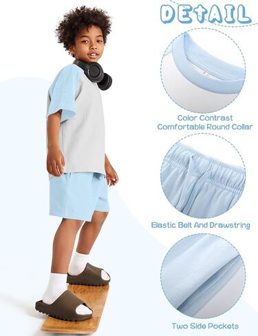 COZYPOIN Boys Girls 2 Piece Summer Outfits Colorblock Short Sleeve Cotton T-Shirts and Shorts Basic Kids Set 5-14 Years in Kuwait