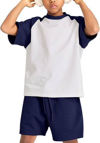 COZYPOIN Boys Girls 2 Piece Summer Outfits Colorblock Short Sleeve Cotton T-Shirts and Shorts Basic Kids Set 5-14 Years in Kuwait