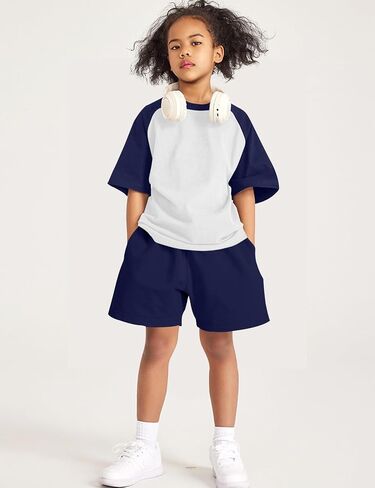 COZYPOIN Boys Girls 2 Piece Summer Outfits Colorblock Short Sleeve Cotton T-Shirts and Shorts Basic Kids Set 5-14 Years in Kuwait