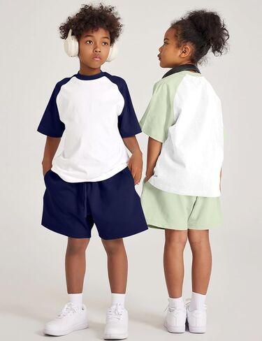 COZYPOIN Boys Girls 2 Piece Summer Outfits Colorblock Short Sleeve Cotton T-Shirts and Shorts Basic Kids Set 5-14 Years in Kuwait