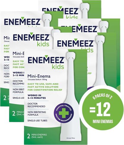 Enemeez Kids Enema, Mini-Enemas for Ages 2-12, Docusate Sodium Stool Softener, Fast-Acting Constipation Relief, Promotes Bowel Movement in 2-15 Minutes, 2ct, 3 Pack (6 Total) Single-Use 5ml Tubes in Kuwait