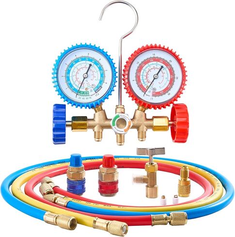 3-Way AC Manifold Gauge Set - Compatible with R134a, R12, R502 Refrigerants, Includes 5FT Hoses, Couplers, Adapter, Puncturing Tool & Self-Sealing Can Tap for Freon Charging(with Box) in Saudi Arabia