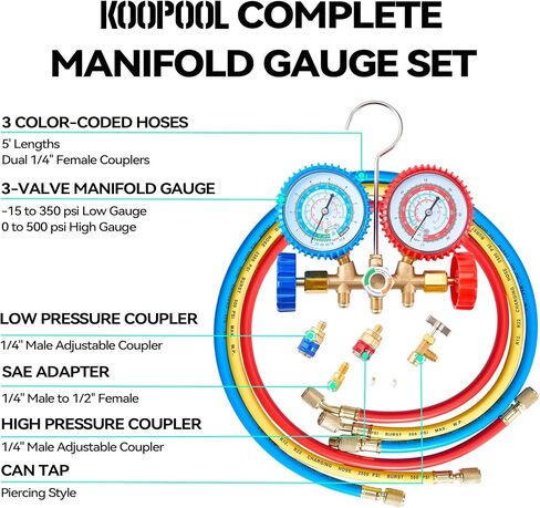 3-Way AC Manifold Gauge Set - Compatible with R134a, R12, R502 Refrigerants, Includes 5FT Hoses, Couplers, Adapter, Puncturing Tool & Self-Sealing Can Tap for Freon Charging(with Box) in Saudi Arabia
