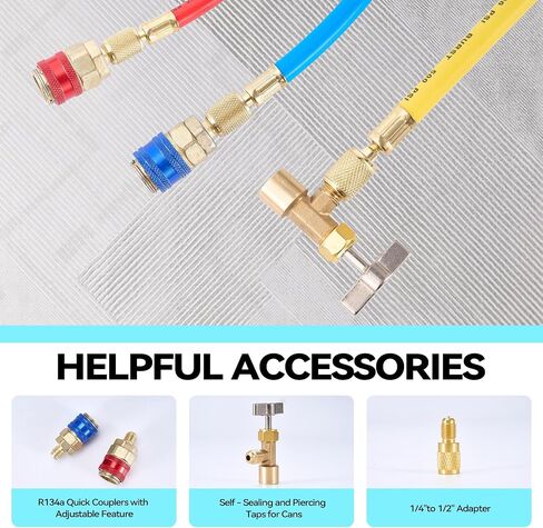 3-Way AC Manifold Gauge Set - Compatible with R134a, R12, R502 Refrigerants, Includes 5FT Hoses, Couplers, Adapter, Puncturing Tool & Self-Sealing Can Tap for Freon Charging(with Box) in Saudi Arabia