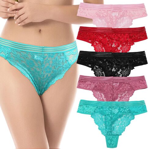 Falari Women's Underwear Set, Lace Thong and Bikini Panties Brief Cotton Breathable Comfort Undies, 5 Pack in Saudi Arabia