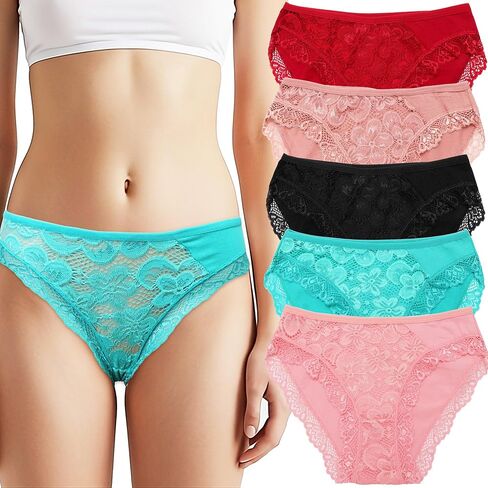 Falari Women's Underwear Set, Lace Thong and Bikini Panties Brief Cotton Breathable Comfort Undies, 5 Pack in Saudi Arabia