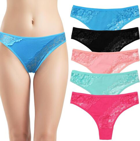 Falari Women's Underwear Set, Lace Thong and Bikini Panties Brief Cotton Breathable Comfort Undies, 5 Pack in Saudi Arabia