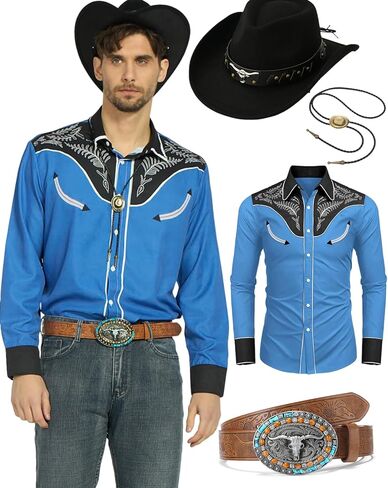 kasahara 4Pcs Mens Cowboy Costume Western Shirts Men with Cowboy Hat Belt Bolo Tie Accessories Western Outfit for Men in Kuwait